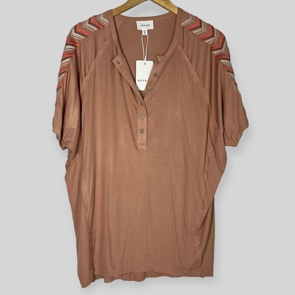 Heyson Embroidered Oversize Shirt Small Terra-Cotta Henley Short Sleeve Boutique - Picture 2 of 10